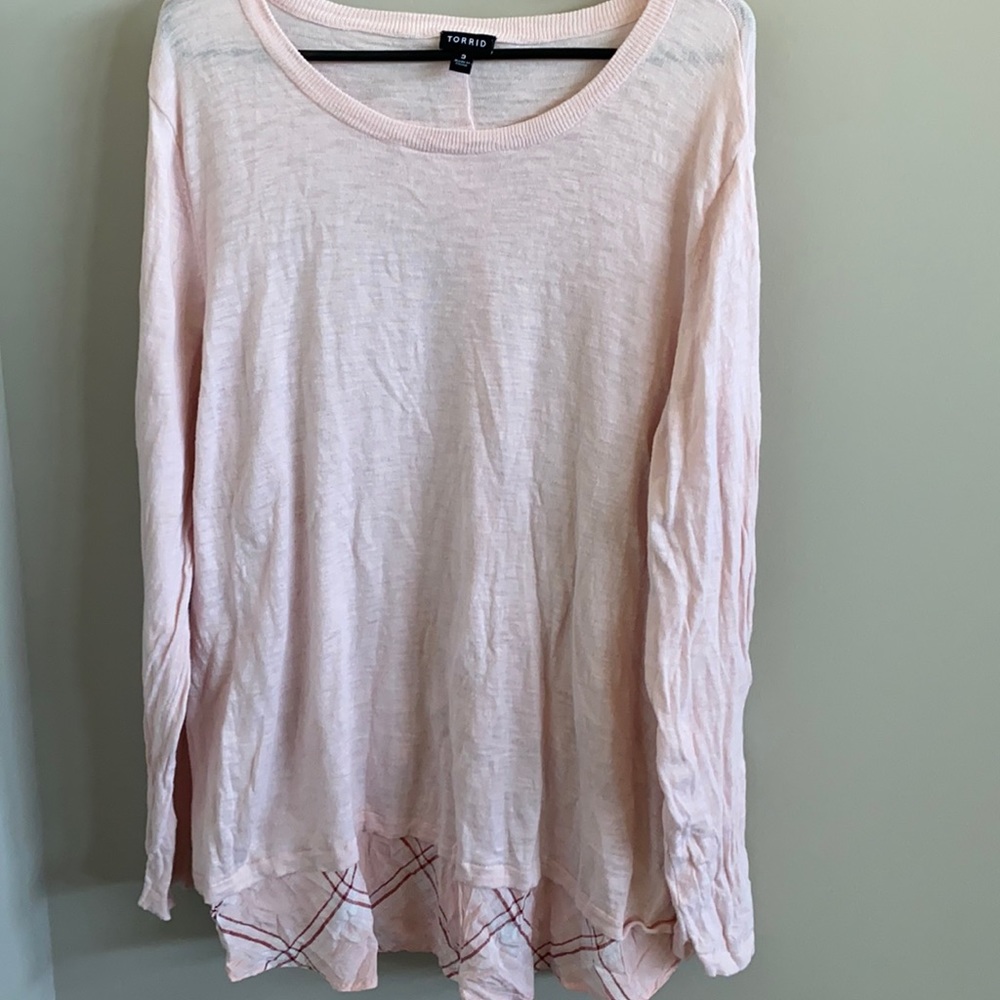 Lightweight Pink Sweater with Button Down and Plaid Peek-a-boo Back
